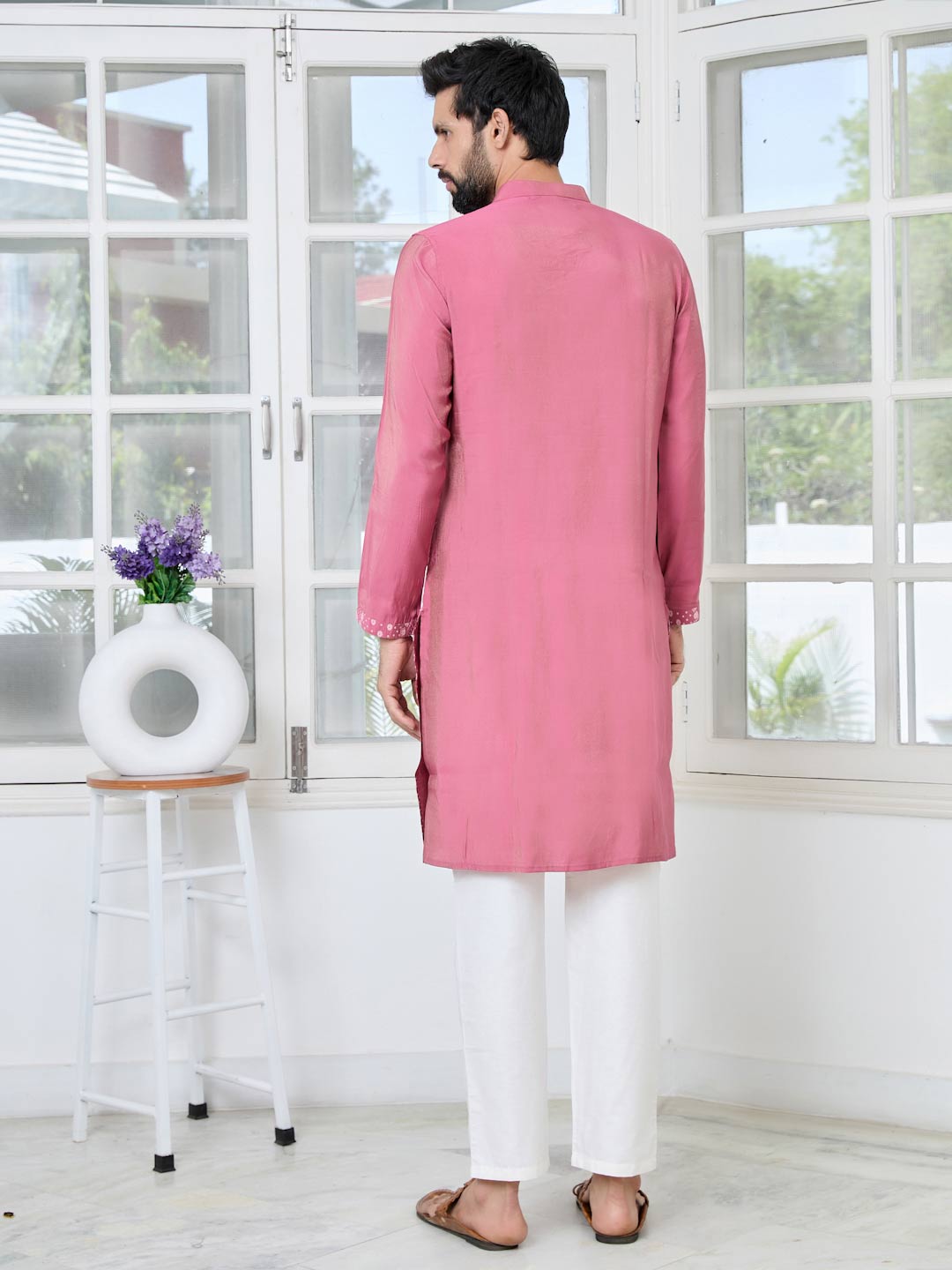 Light Plum Embossed Printed and Foil Printed Straight Kurta with Pyjama with Pyjama