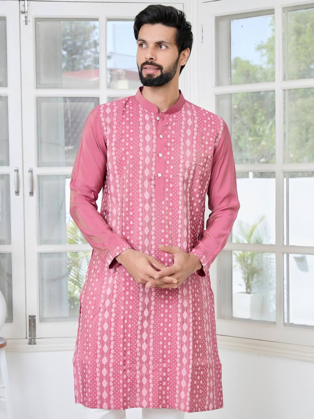 Light Plum Embossed Printed and Foil Printed Straight Kurta with Pyjama with Pyjama