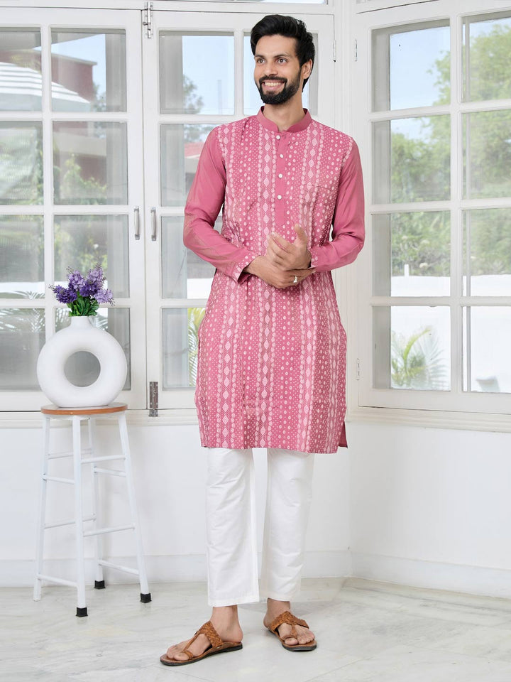 Light Plum Embossed Printed and Foil Printed Straight Kurta with Pyjama with Pyjama