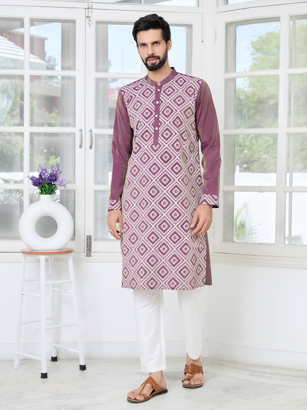 Mauve Embossed Printed Straight Kurta with Pyjama with Pyjama