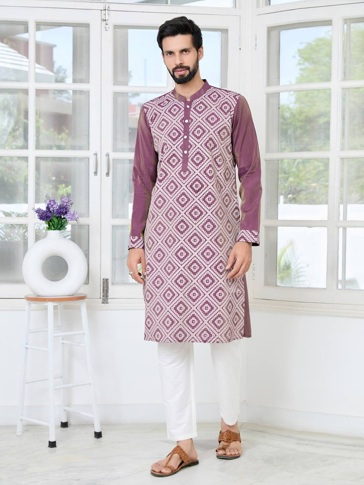 Mauve Embossed Printed Straight Kurta with Pyjama with Pyjama