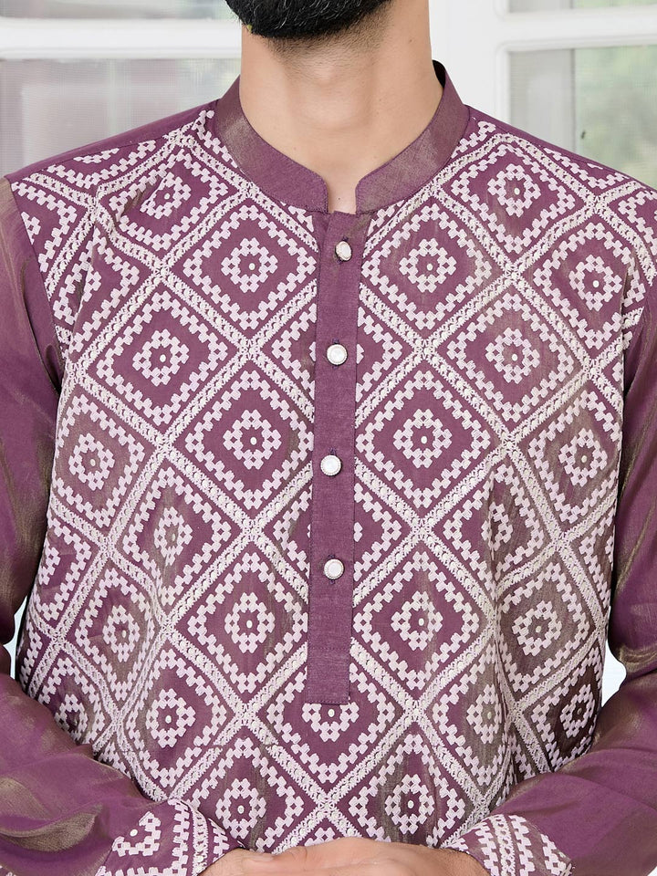 Mauve Embossed Printed Straight Kurta with Pyjama with Pyjama