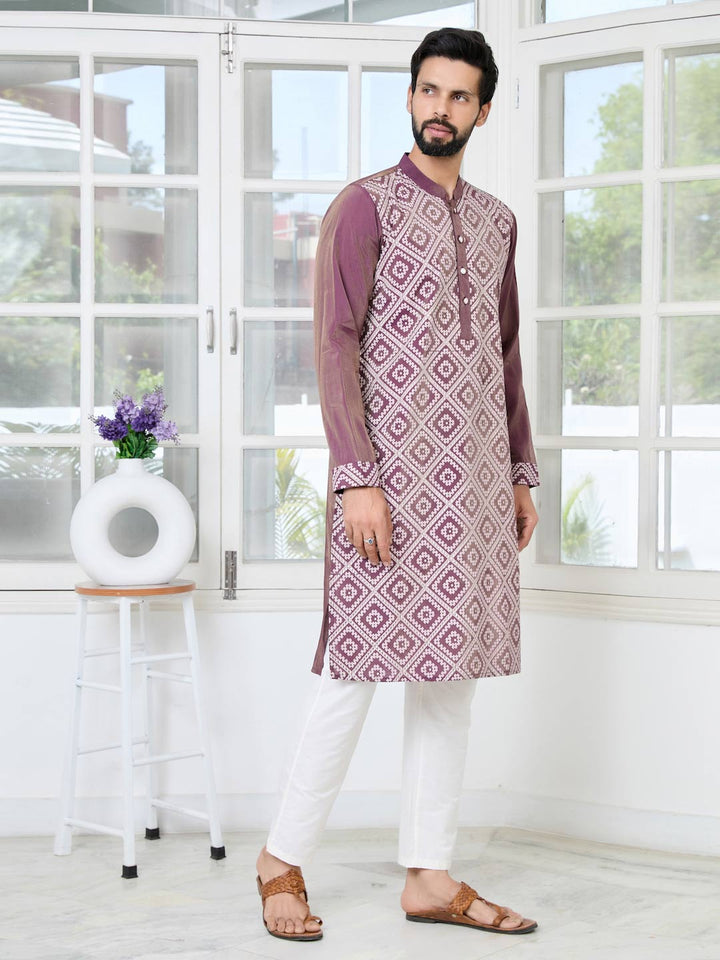 Mauve Embossed Printed Straight Kurta with Pyjama with Pyjama