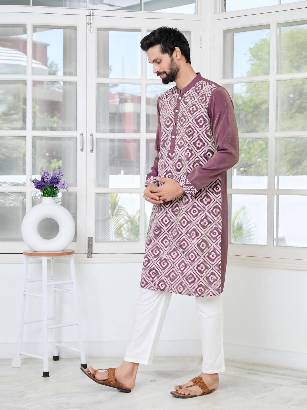 Mauve Embossed Printed Straight Kurta with Pyjama with Pyjama