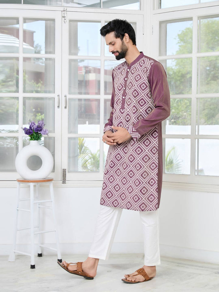 Mauve Embossed Printed Straight Kurta with Pyjama with Pyjama