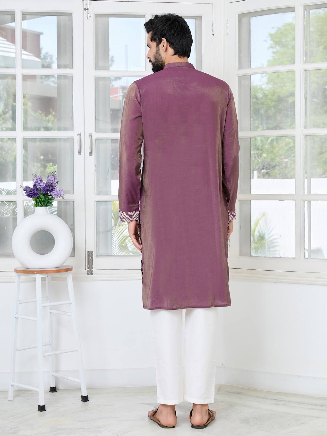Mauve Embossed Printed Straight Kurta with Pyjama with Pyjama