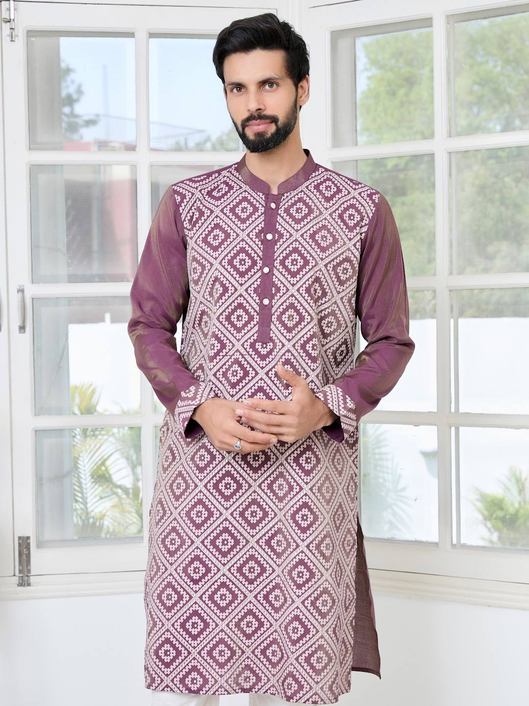 Mauve Embossed Printed Straight Kurta with Pyjama with Pyjama
