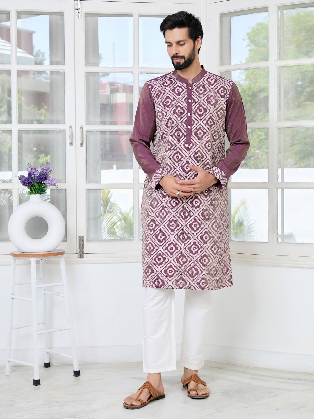 Mauve Embossed Printed Straight Kurta with Pyjama with Pyjama