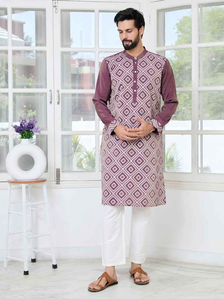 Mauve Embossed Printed Straight Kurta with Pyjama with Pyjama