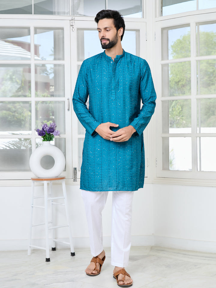 Blue Embroidered Thread Work Sequinned Chanderi Silk Straight Kurta with Pyjama