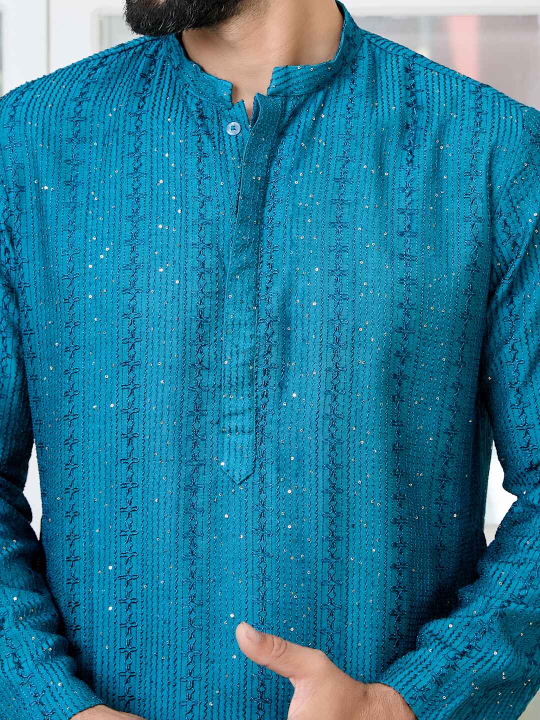 Blue Embroidered Thread Work Sequinned Chanderi Silk Straight Kurta with Pyjama