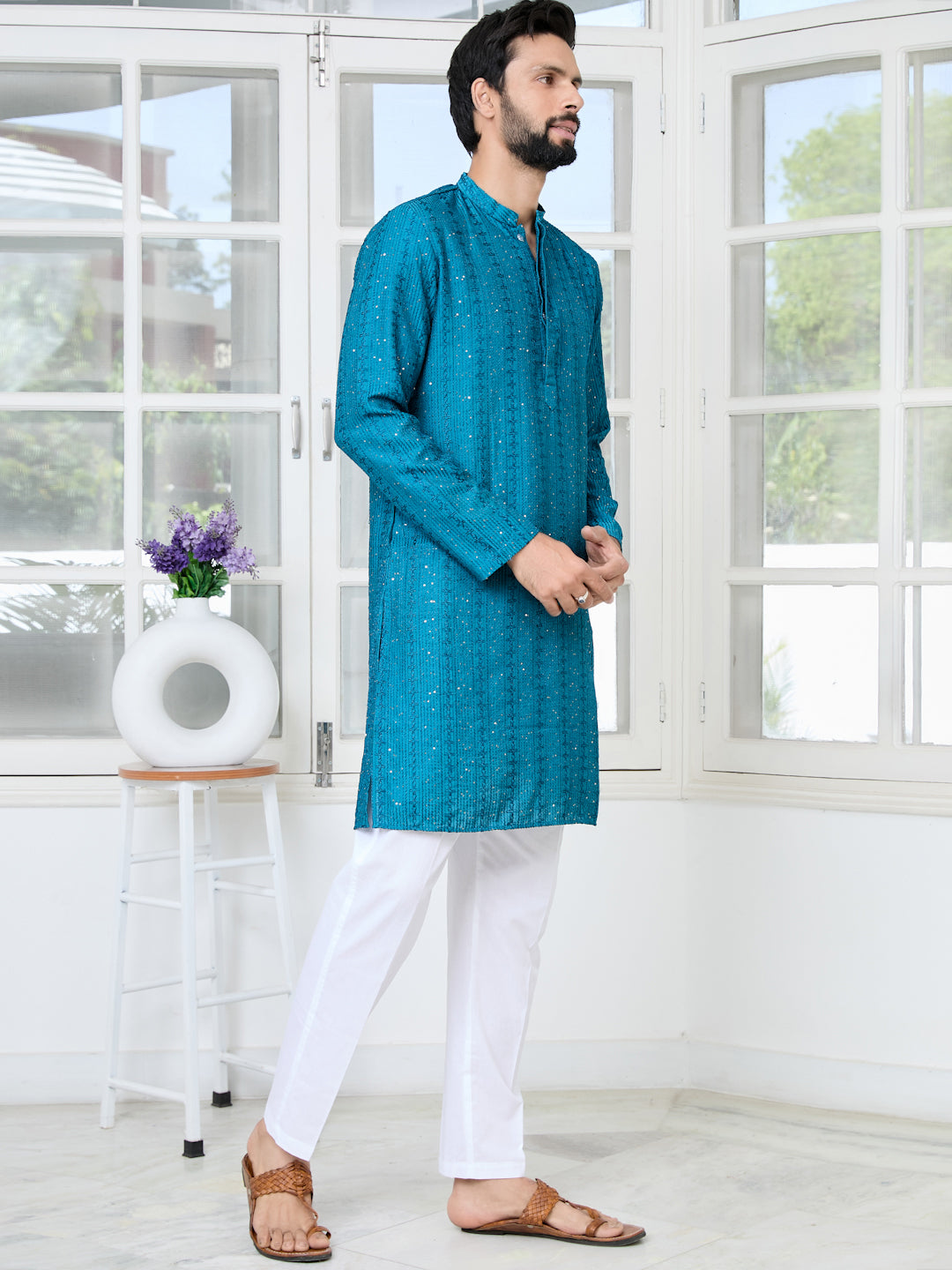 Blue Embroidered Thread Work Sequinned Chanderi Silk Straight Kurta with Pyjama