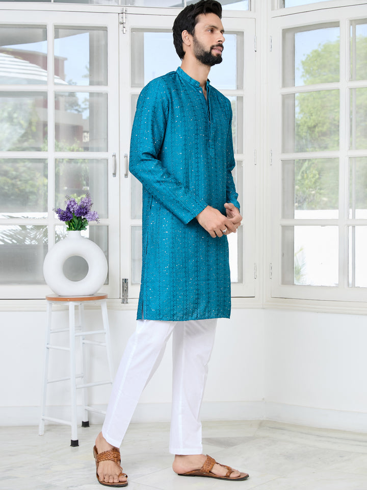 Blue Embroidered Thread Work Sequinned Chanderi Silk Straight Kurta with Pyjama