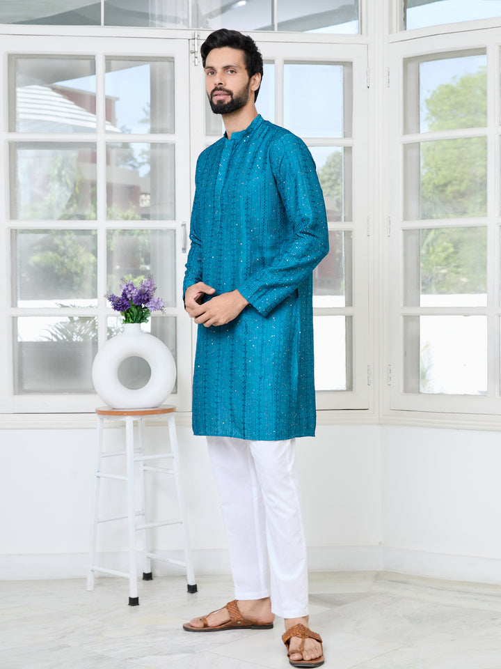 Blue Embroidered Thread Work Sequinned Chanderi Silk Straight Kurta with Pyjama