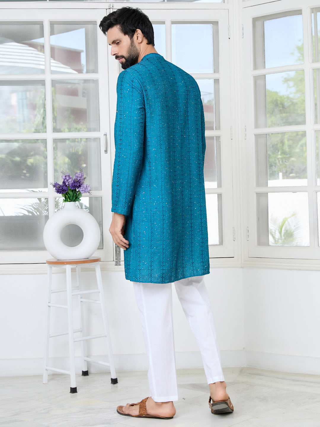 Blue Embroidered Thread Work Sequinned Chanderi Silk Straight Kurta with Pyjama
