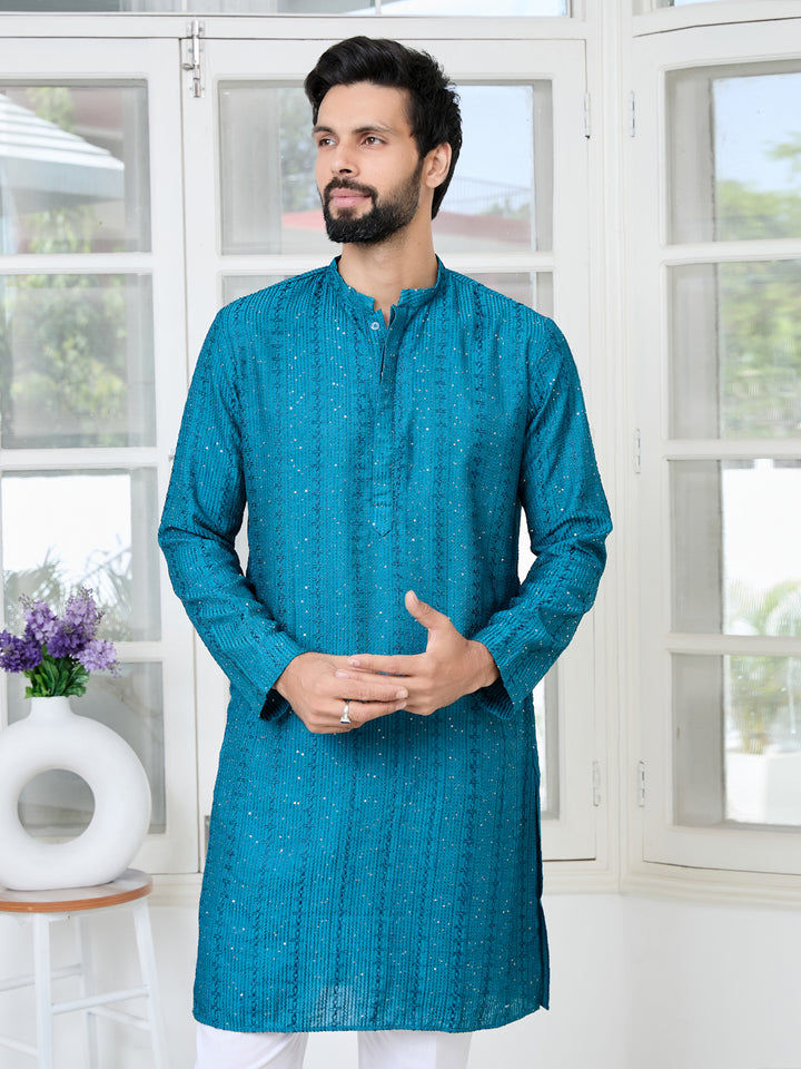 Blue Embroidered Thread Work Sequinned Chanderi Silk Straight Kurta with Pyjama