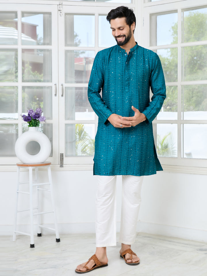Teal Embroidered Thread Work Sequinned Chanderi Silk Straight Kurta with Pyjama