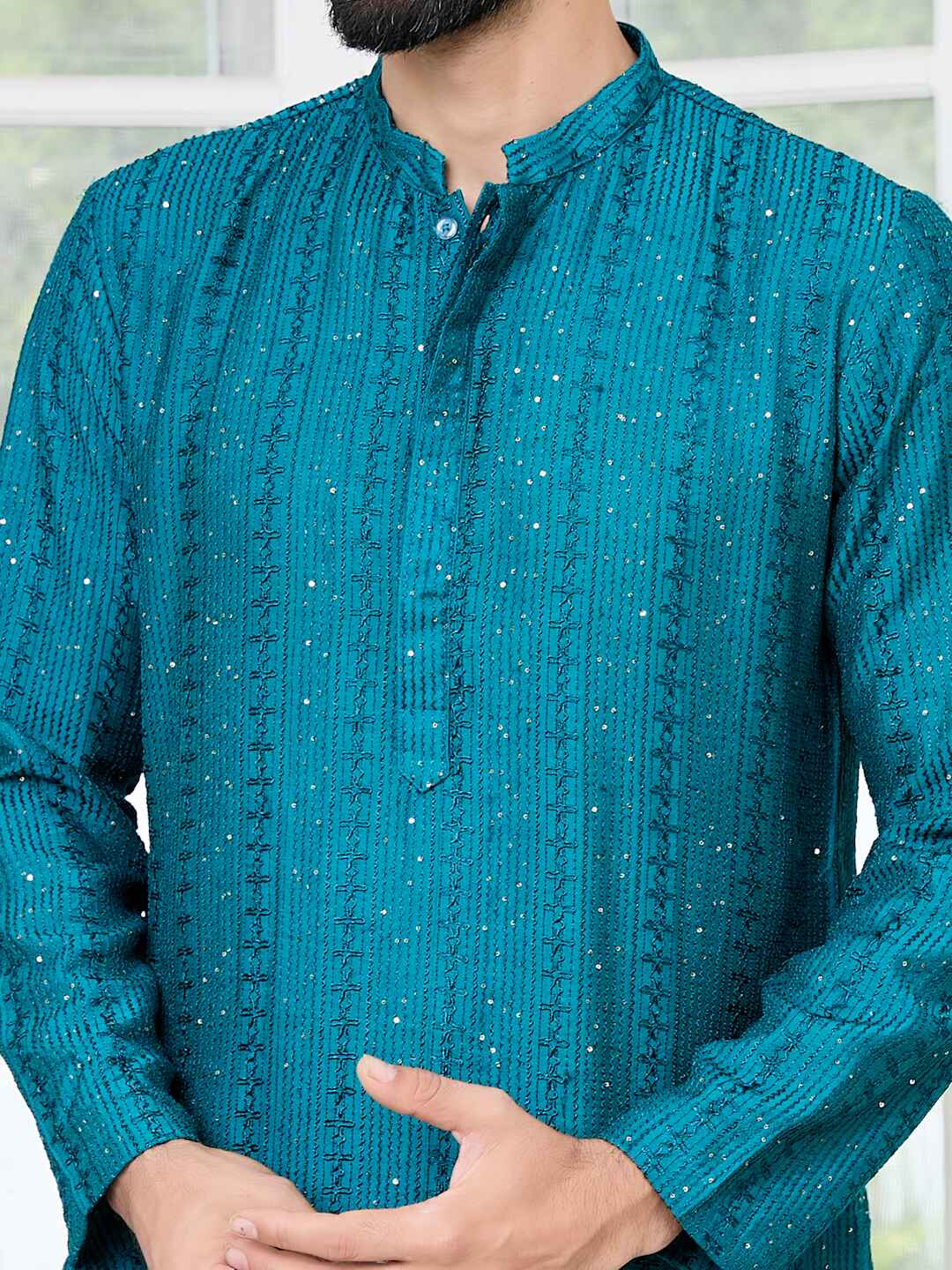 Teal Embroidered Thread Work Sequinned Chanderi Silk Straight Kurta with Pyjama