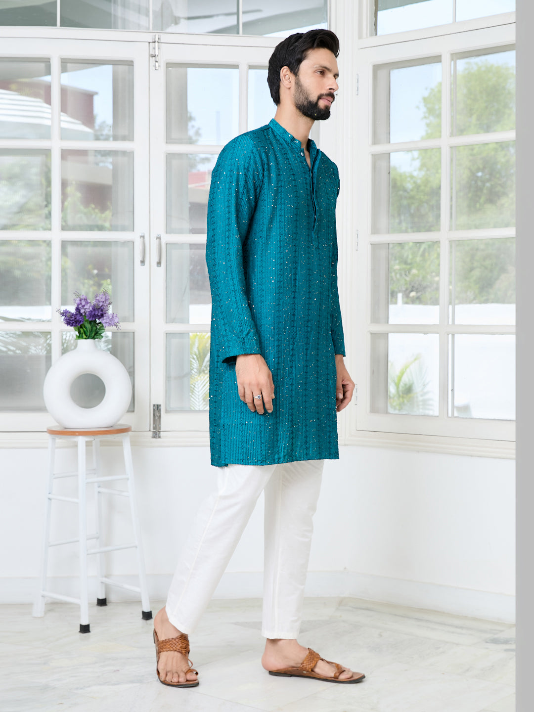 Teal Embroidered Thread Work Sequinned Chanderi Silk Straight Kurta with Pyjama