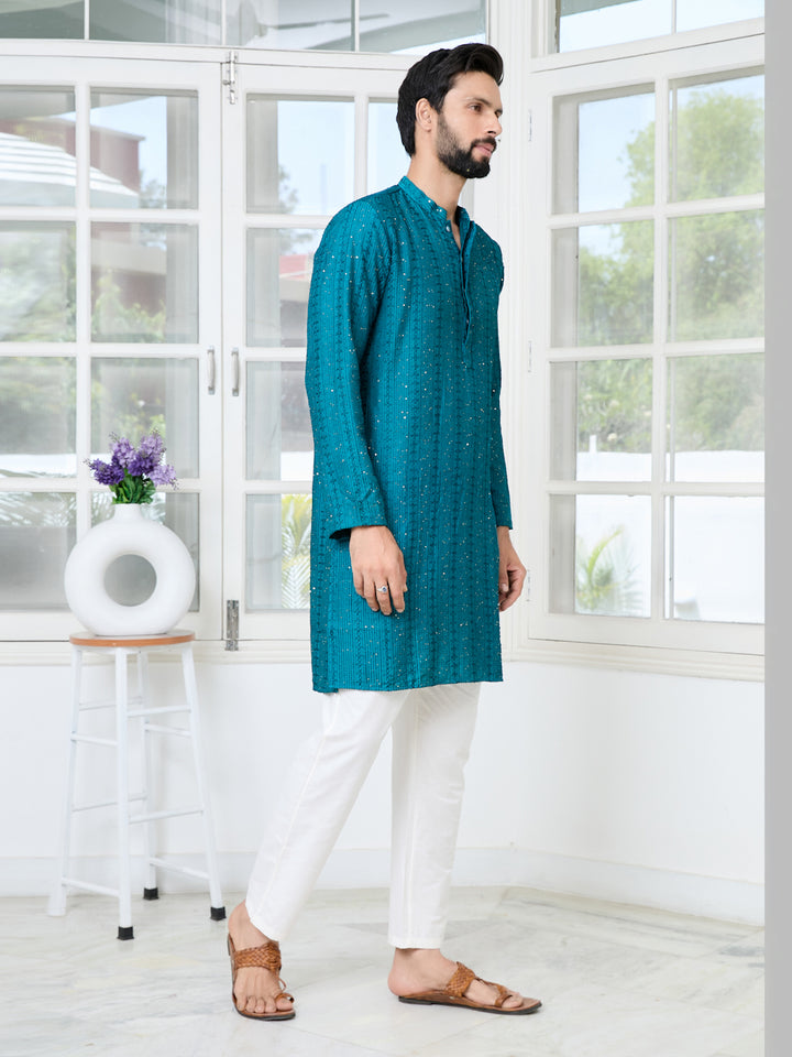 Teal Embroidered Thread Work Sequinned Chanderi Silk Straight Kurta with Pyjama