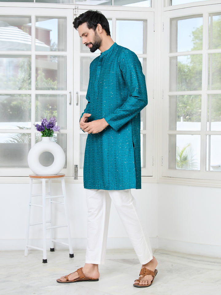 Teal Embroidered Thread Work Sequinned Chanderi Silk Straight Kurta with Pyjama