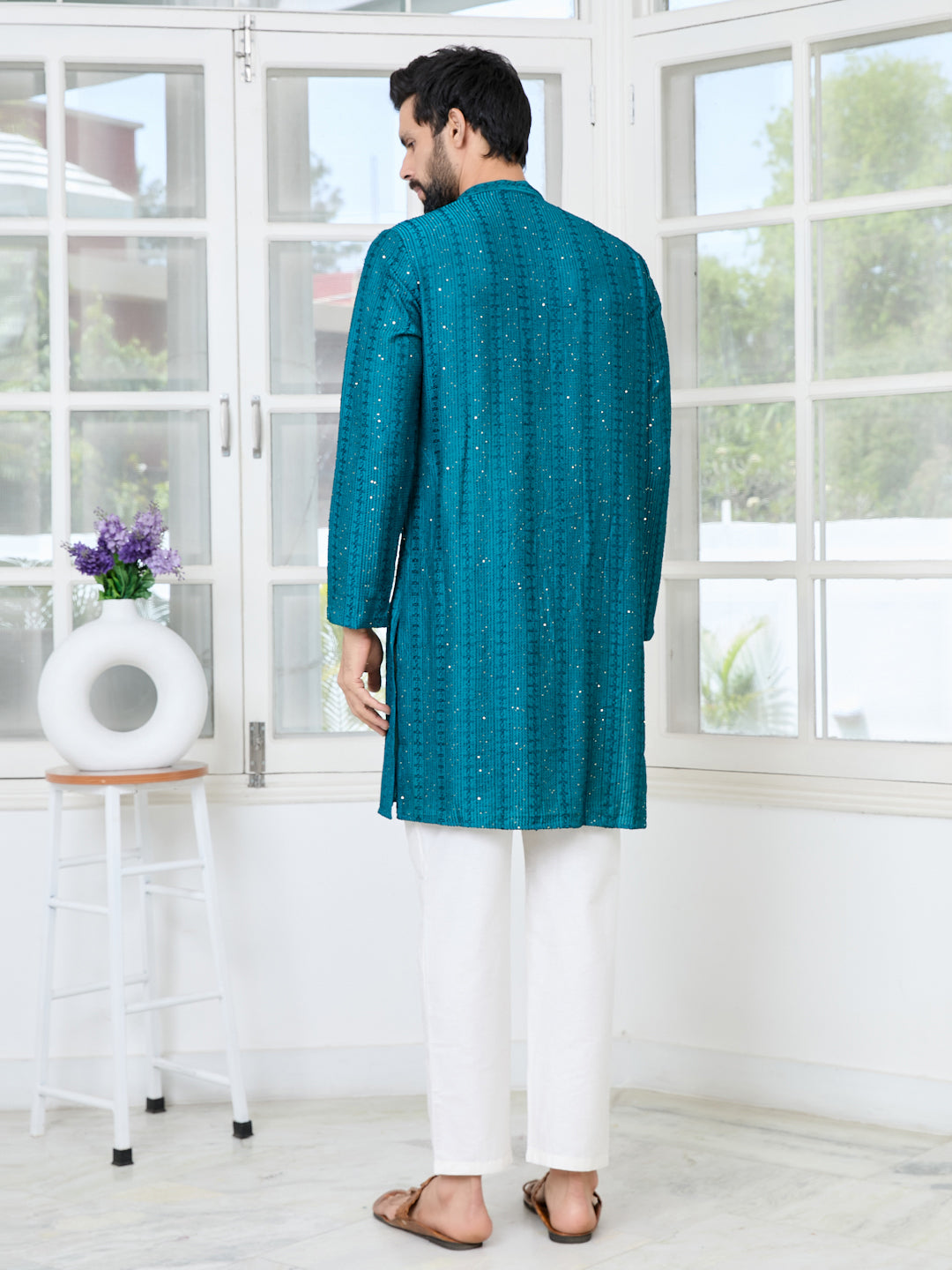 Teal Embroidered Thread Work Sequinned Chanderi Silk Straight Kurta with Pyjama