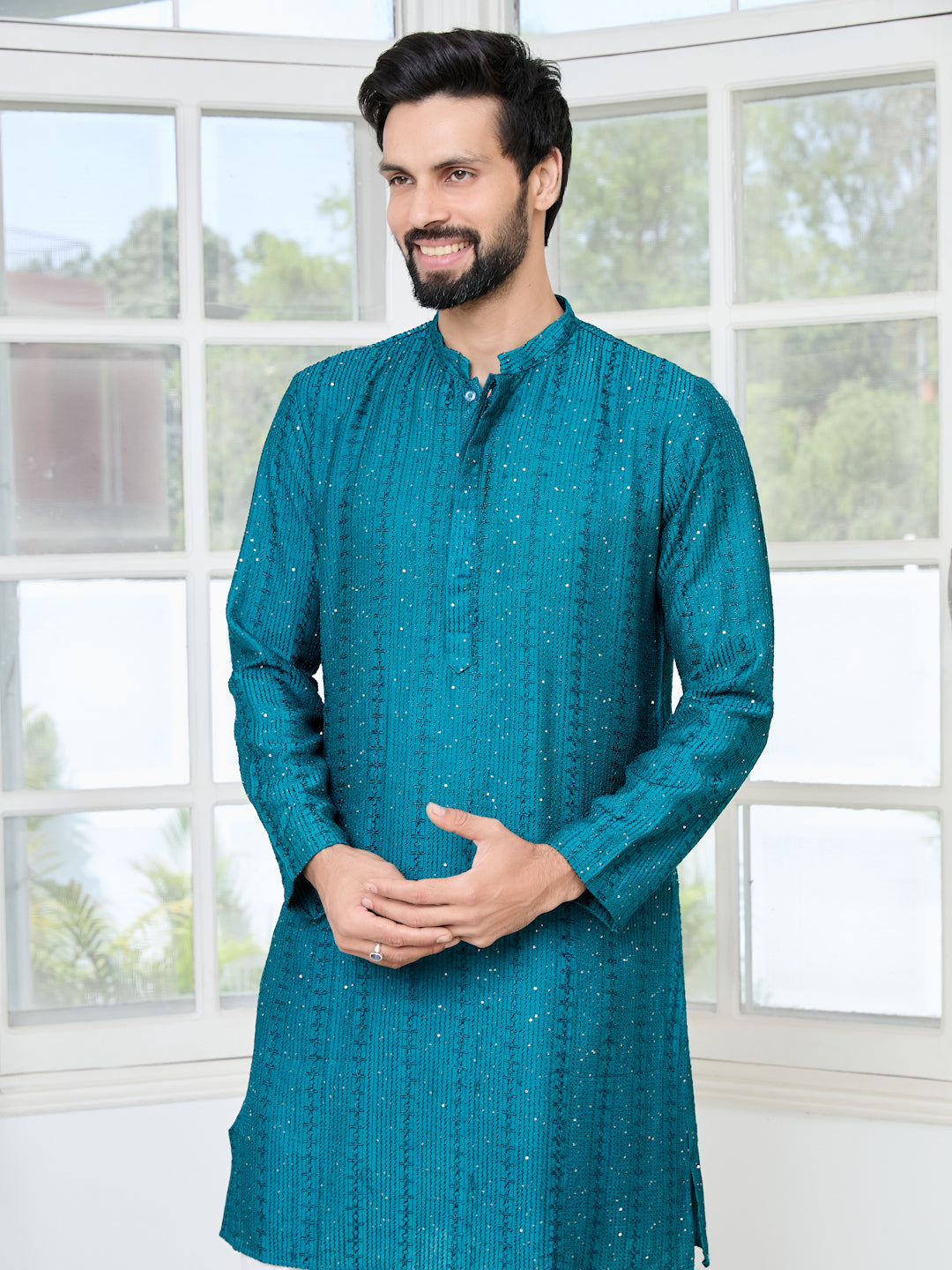 Teal Embroidered Thread Work Sequinned Chanderi Silk Straight Kurta with Pyjama