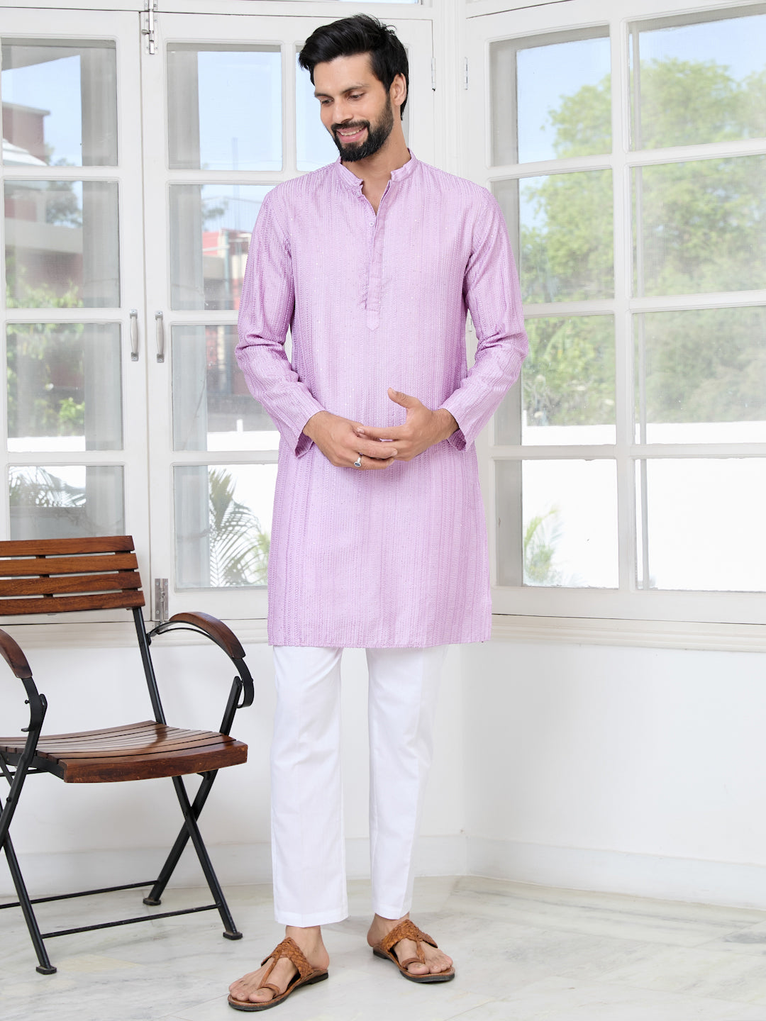 Lavender Embroidered Thread Work Sequinned Chanderi Silk Straight Kurta with Pyjama