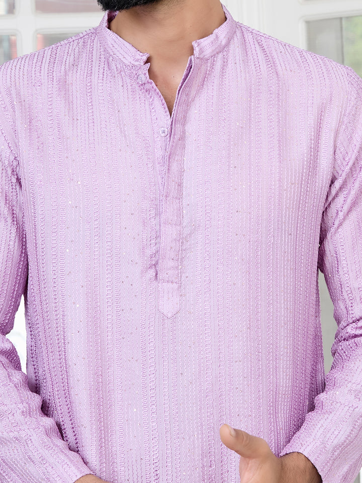 Lavender Embroidered Thread Work Sequinned Chanderi Silk Straight Kurta with Pyjama