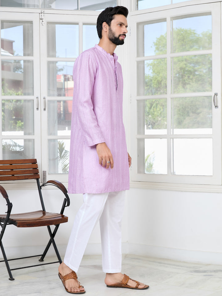 Lavender Embroidered Thread Work Sequinned Chanderi Silk Straight Kurta with Pyjama
