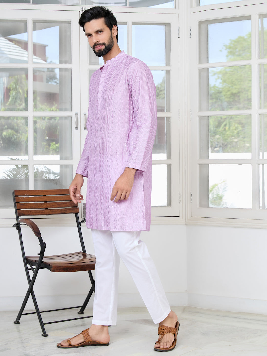 Lavender Embroidered Thread Work Sequinned Chanderi Silk Straight Kurta with Pyjama