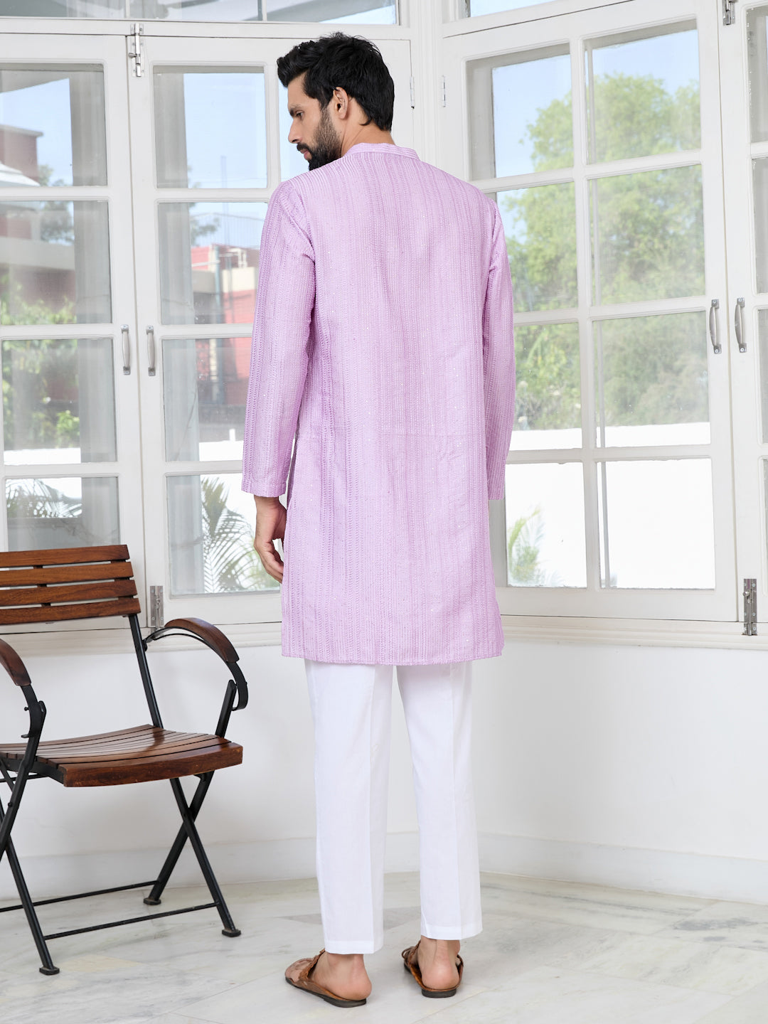 Lavender Embroidered Thread Work Sequinned Chanderi Silk Straight Kurta with Pyjama