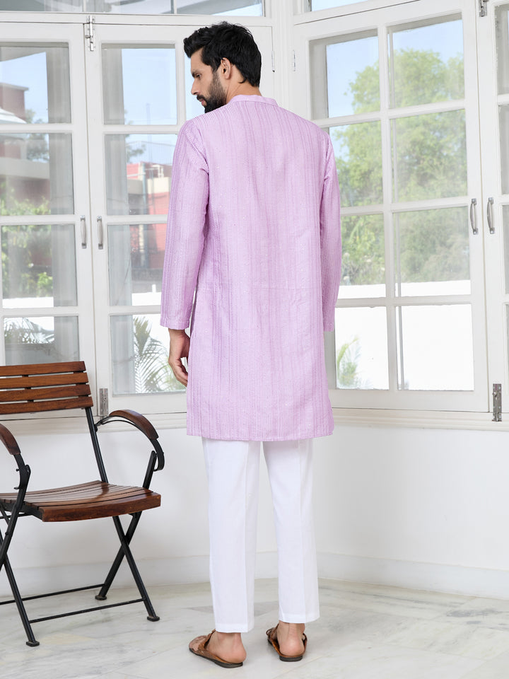 Lavender Embroidered Thread Work Sequinned Chanderi Silk Straight Kurta with Pyjama
