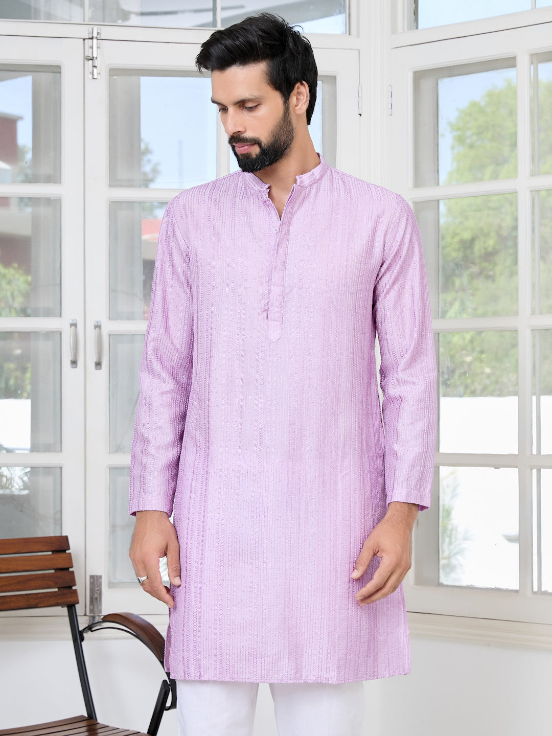 Lavender Embroidered Thread Work Sequinned Chanderi Silk Straight Kurta with Pyjama