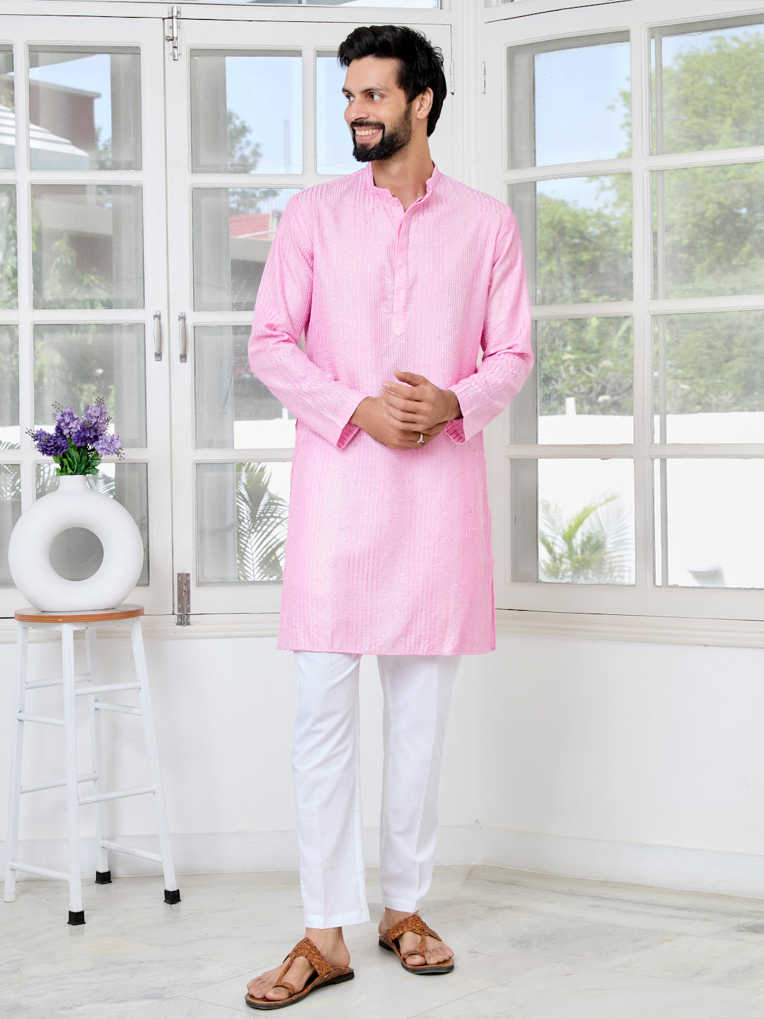 Light Pink Embroidered Thread Work Sequinned Chanderi Silk Straight Kurta with Pyjama