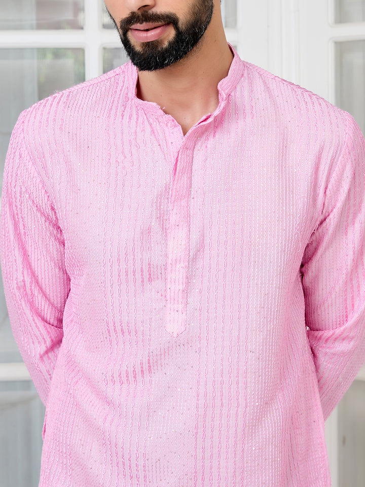 Light Pink Embroidered Thread Work Sequinned Chanderi Silk Straight Kurta with Pyjama