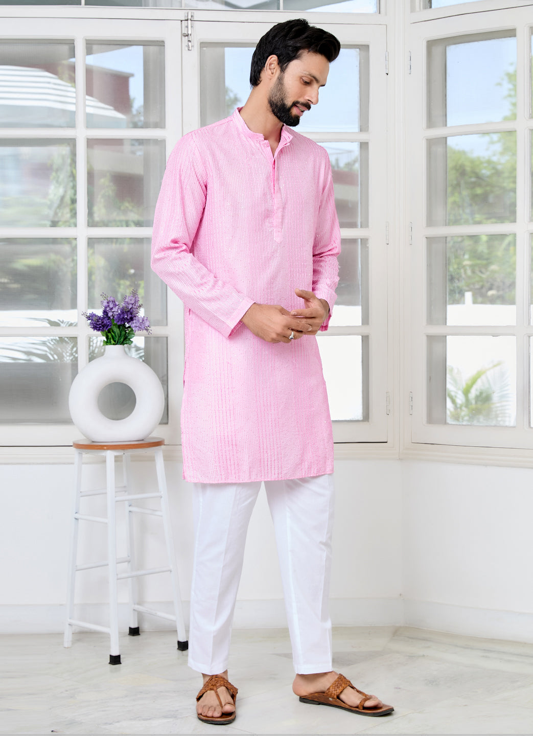 Light Pink Embroidered Thread Work Sequinned Chanderi Silk Straight Kurta with Pyjama