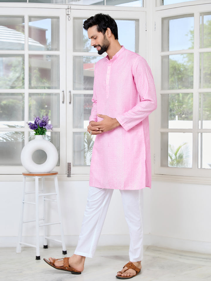 Light Pink Embroidered Thread Work Sequinned Chanderi Silk Straight Kurta with Pyjama