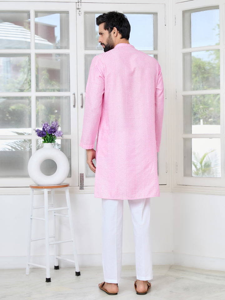 Light Pink Embroidered Thread Work Sequinned Chanderi Silk Straight Kurta with Pyjama