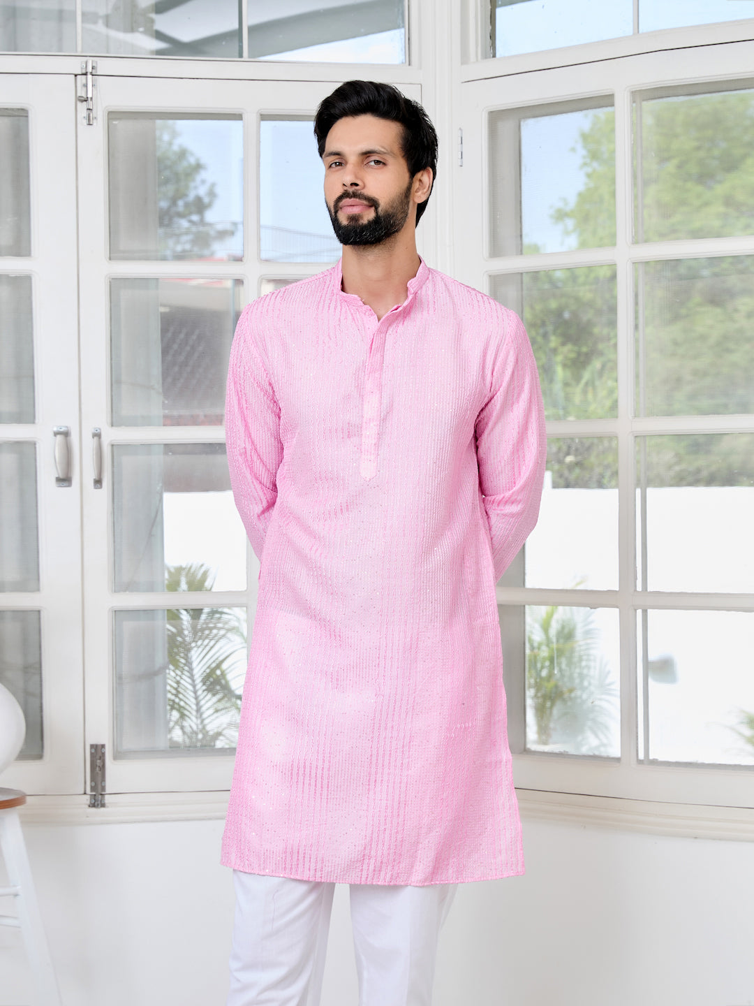 Light Pink Embroidered Thread Work Sequinned Chanderi Silk Straight Kurta with Pyjama