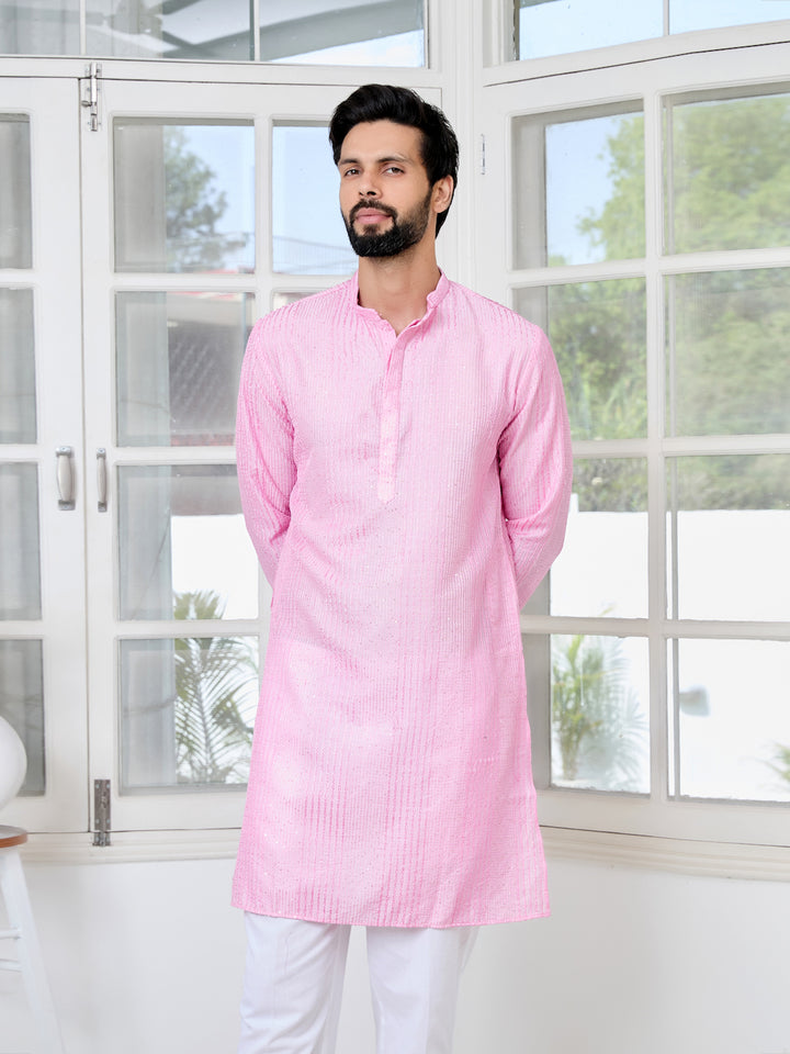 Light Pink Embroidered Thread Work Sequinned Chanderi Silk Straight Kurta with Pyjama