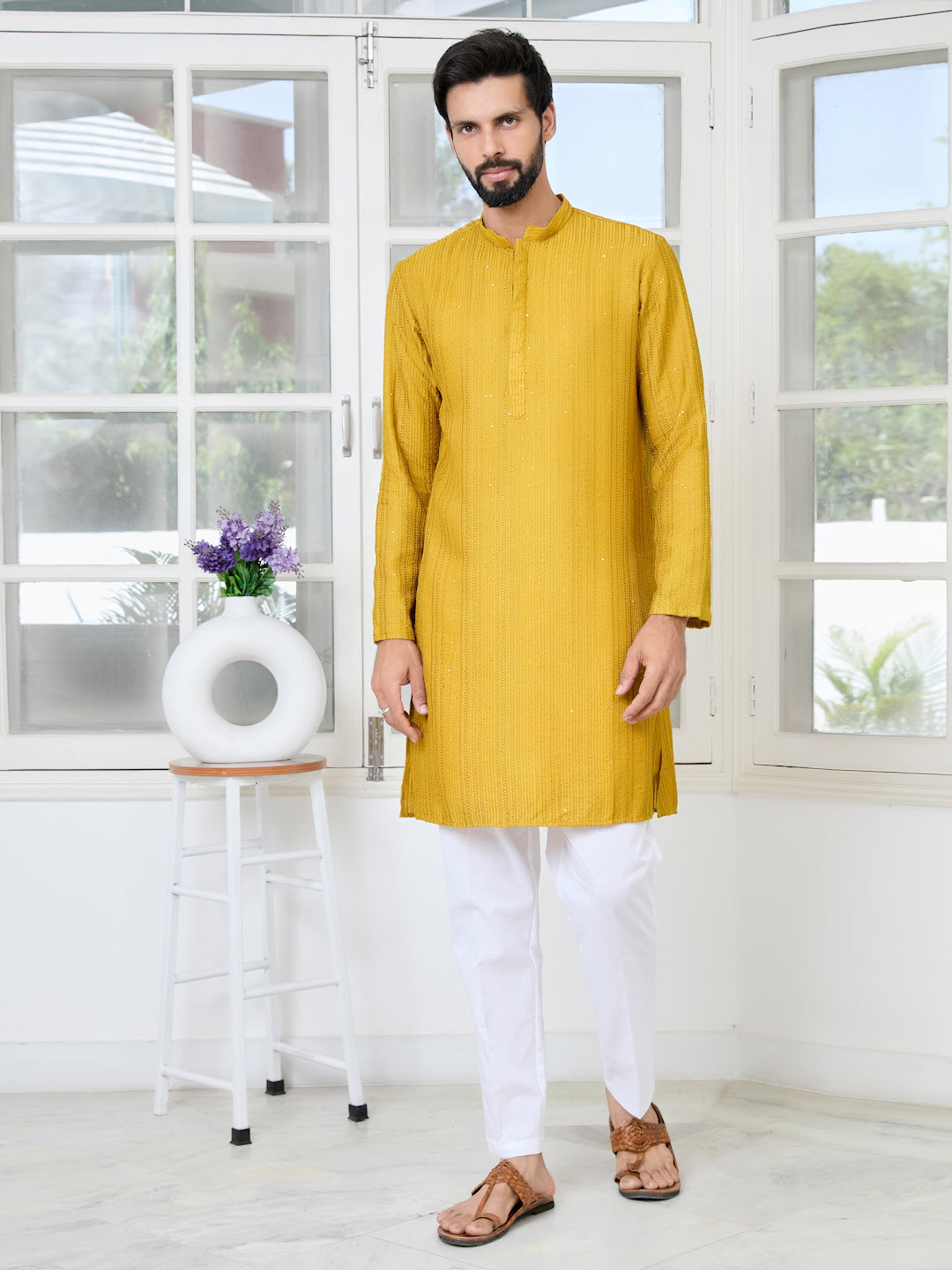 Mustard Embroidered Thread Work Sequinned Chanderi Silk Straight Kurta with Pyjama