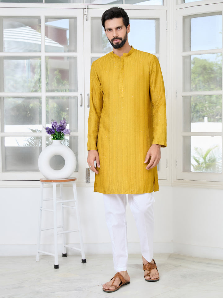 Mustard Embroidered Thread Work Sequinned Chanderi Silk Straight Kurta with Pyjama