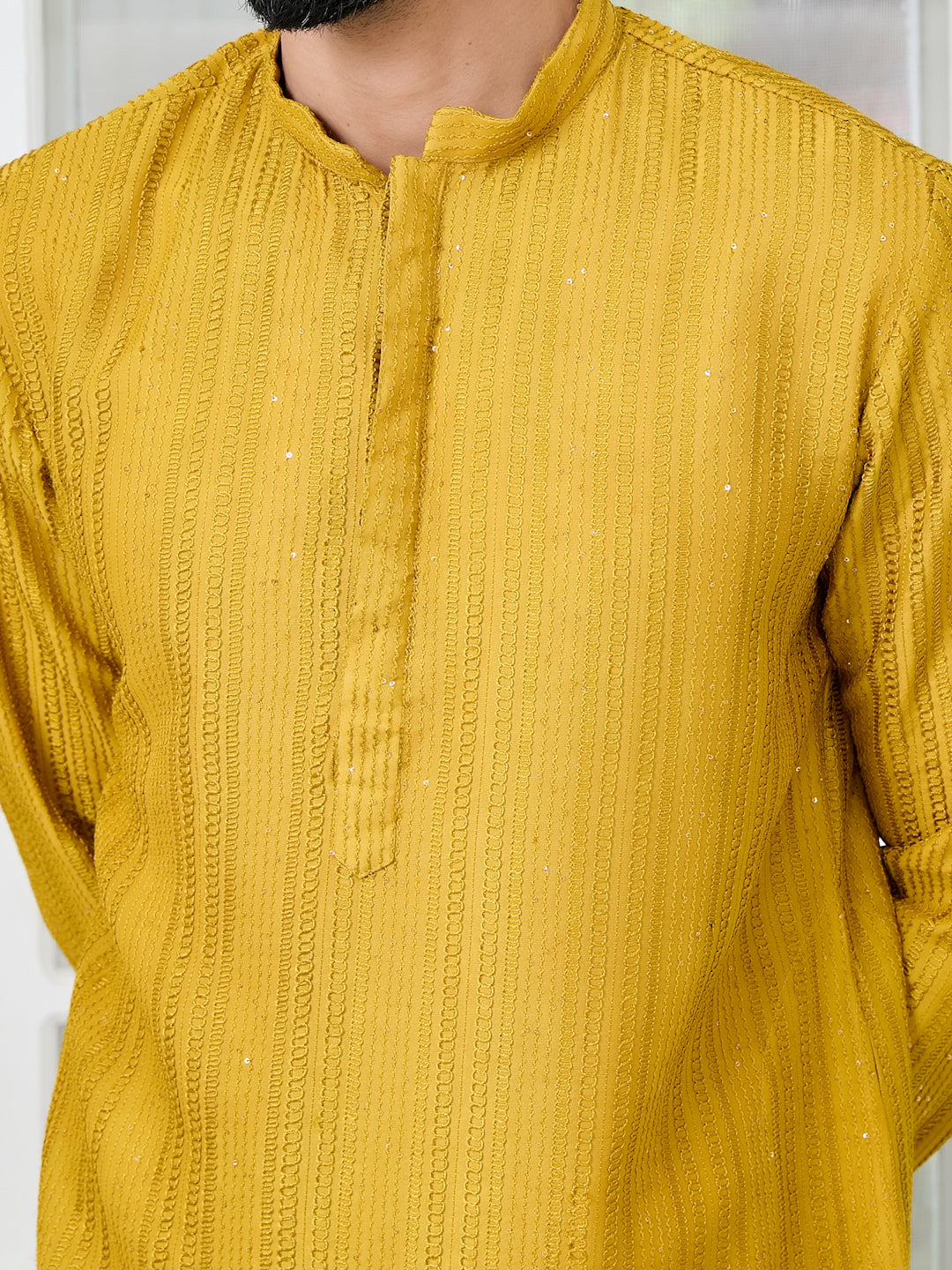 Mustard Embroidered Thread Work Sequinned Chanderi Silk Straight Kurta with Pyjama