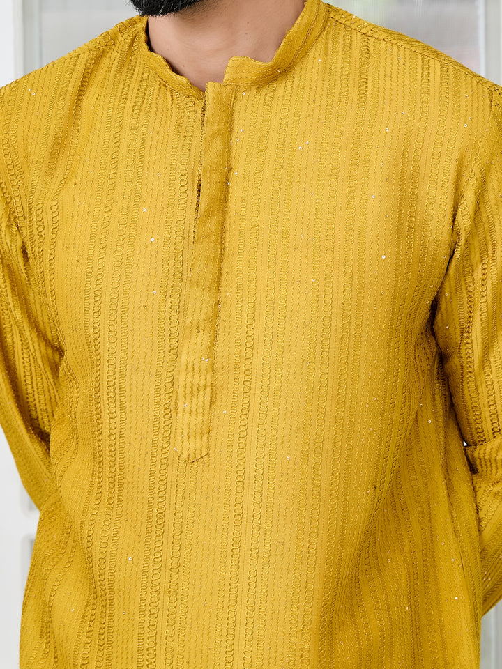 Mustard Embroidered Thread Work Sequinned Chanderi Silk Straight Kurta with Pyjama