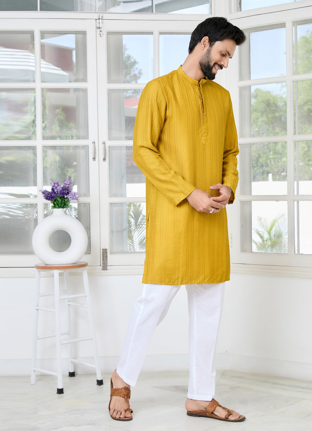 Mustard Embroidered Thread Work Sequinned Chanderi Silk Straight Kurta with Pyjama