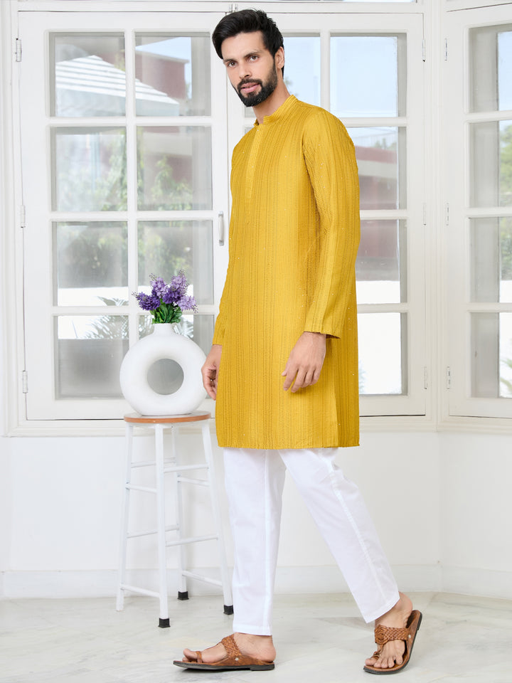 Mustard Embroidered Thread Work Sequinned Chanderi Silk Straight Kurta with Pyjama