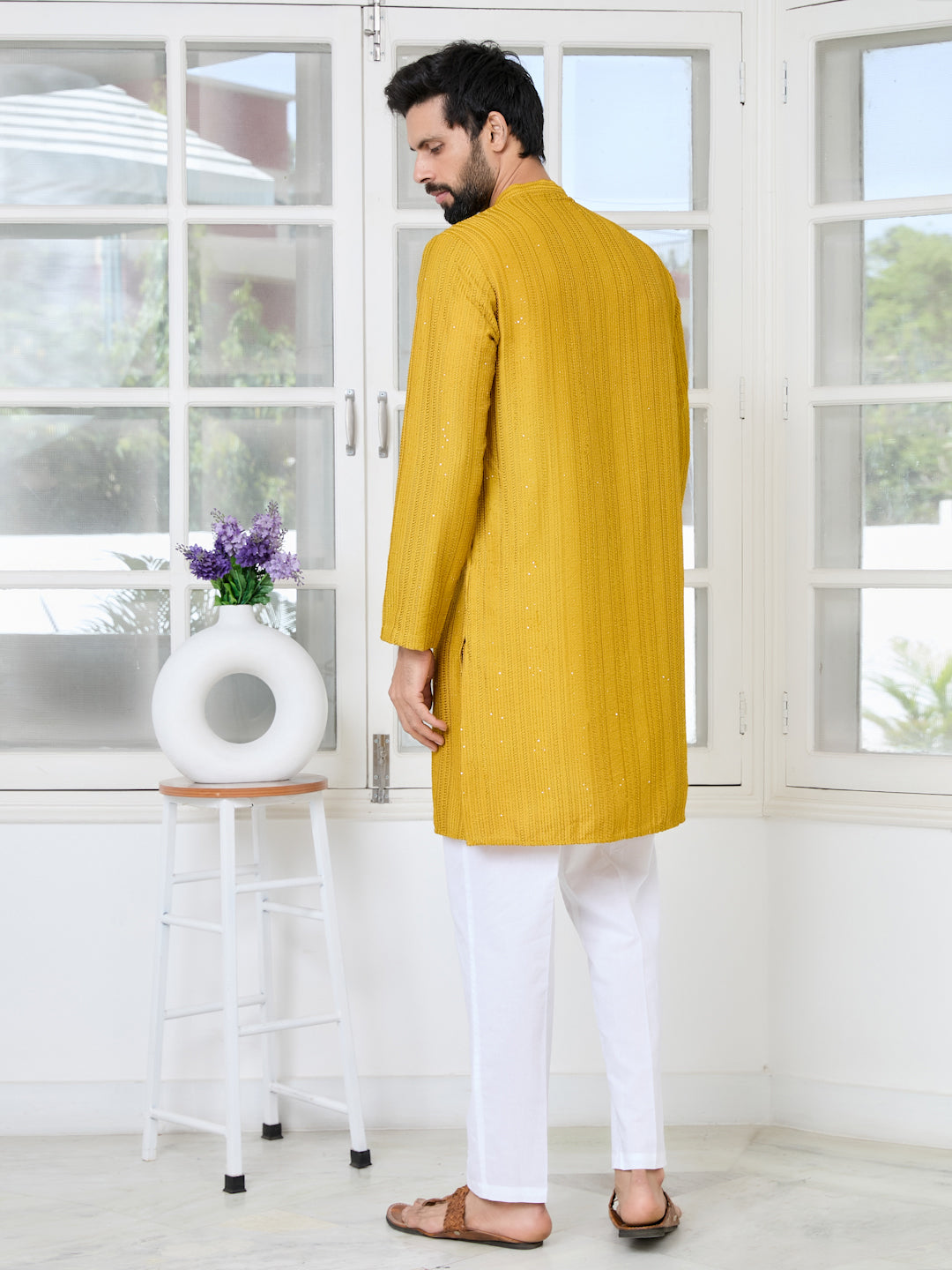 Mustard Embroidered Thread Work Sequinned Chanderi Silk Straight Kurta with Pyjama