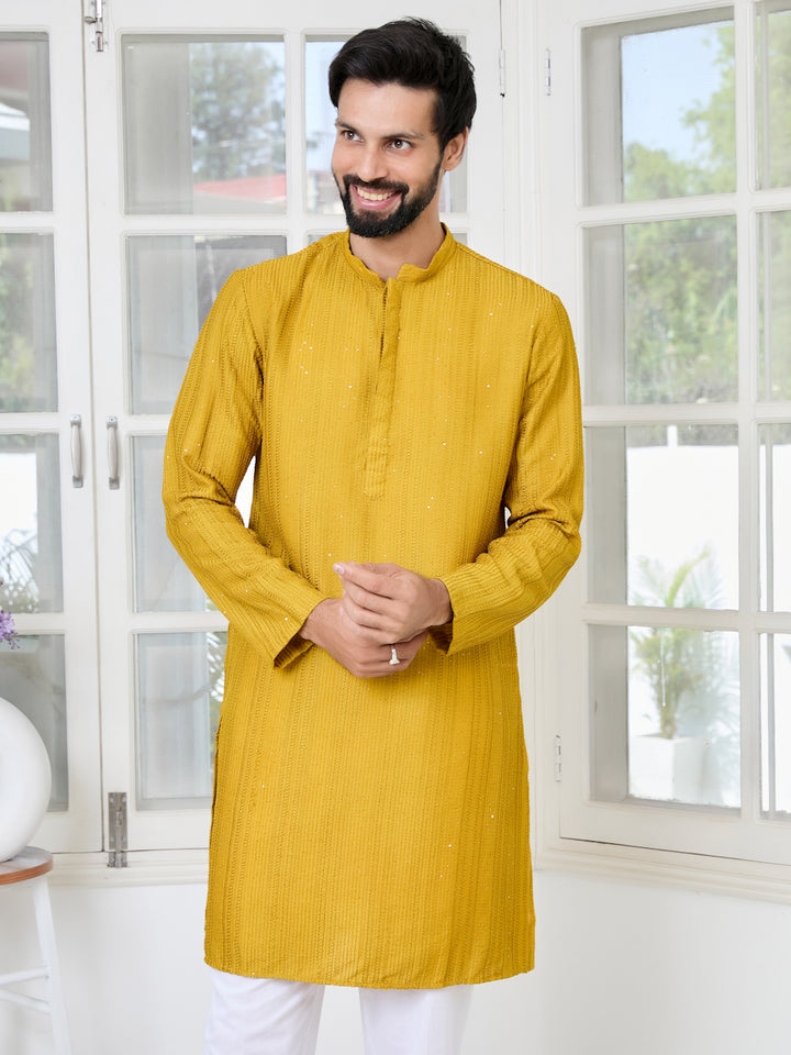 Mustard Embroidered Thread Work Sequinned Chanderi Silk Straight Kurta with Pyjama