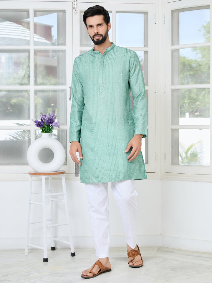 Pastel Green Embroidered Thread Work Sequinned Chanderi Silk Straight Kurta with Pyjama